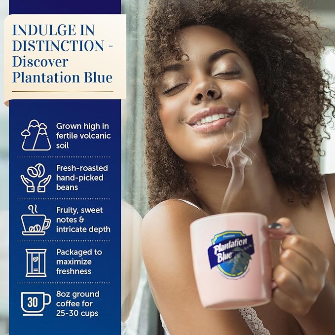 PREMIUM PLANTATION BLUE TRADITION CLASS EXPERIENCE 100% Blue Mountain Coffee Jamaica, Medium Roasted & Ground (8oz)