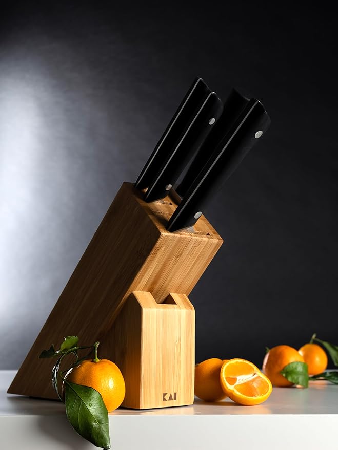 Kai PRO 5 Piece Slimline Block Set, Includes 8" Chef, 3.5" Paring and 6" Utility Knives, Knife Block Set, Japanese AUS6M Stainless Steel Blades, Full-Tang POM Handles