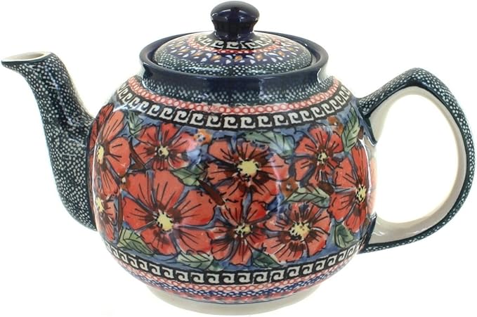 Blue Rose Polish Pottery - Red Jungle Flower Medium Teapot - 4 Cup Capacity - Hand-Painted Polish Pottery Ceramic Coffee & Tea Server