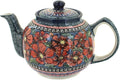 Blue Rose Polish Pottery - Red Jungle Flower Medium Teapot - 4 Cup Capacity - Hand-Painted Polish Pottery Ceramic Coffee & Tea Server