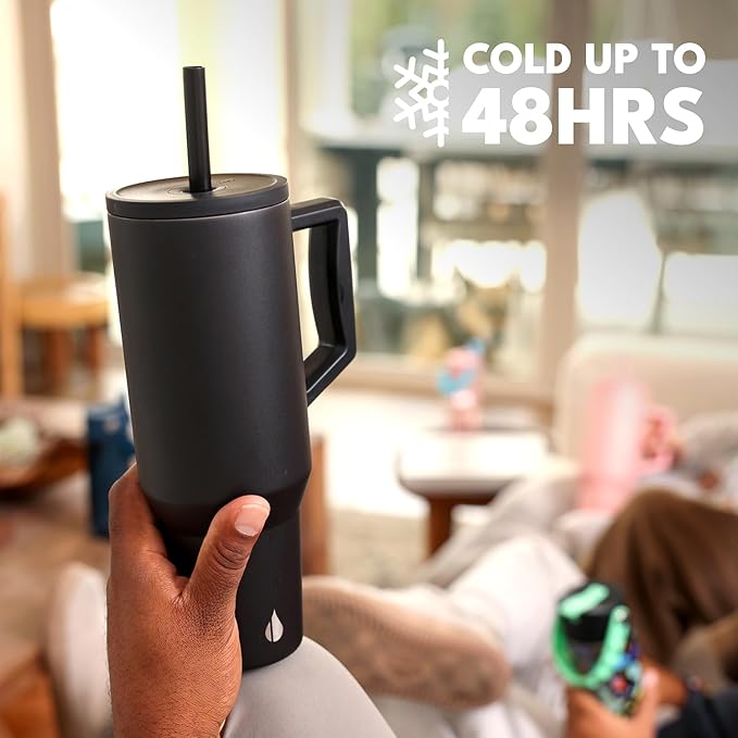 Elemental 40 oz Tumbler with Handle and Straw - Spill Proof Insulated Stainless Steel Commuter for Hot and Cold Beverages - Travel Coffee Mug with 2 Straws & Spill Proof Lid - 40oz - Black