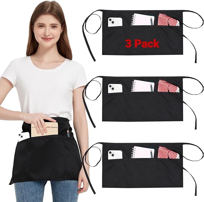 3 Pack Waist Apron with 3 Pockets, Unisex Black Waiter Aprons, Water Resistant Server Aprons for Restaurant Chef Bar