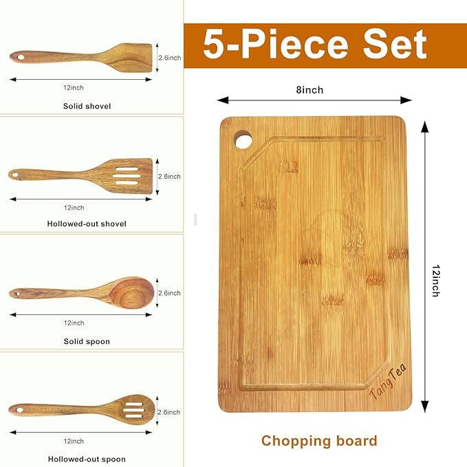 Acacia Wooden Cooking Spoons with Bamboo Cutting Board Set – 4 PCS Acacia Wood Kitchen Utensils, Spatula Spoon for Nonstick Cookware, Gift for Housewarming Wedding