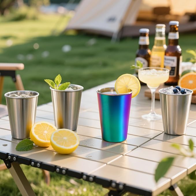 8 Pack 16oz Stainless Steel Cups, Stainless Steel Stacking Beer Pint Cups, Stainless Steel Water Tumbler for Home, Party, Camping, Outdoor, Stackable Drinking Glasses, Reusable, BPA Free