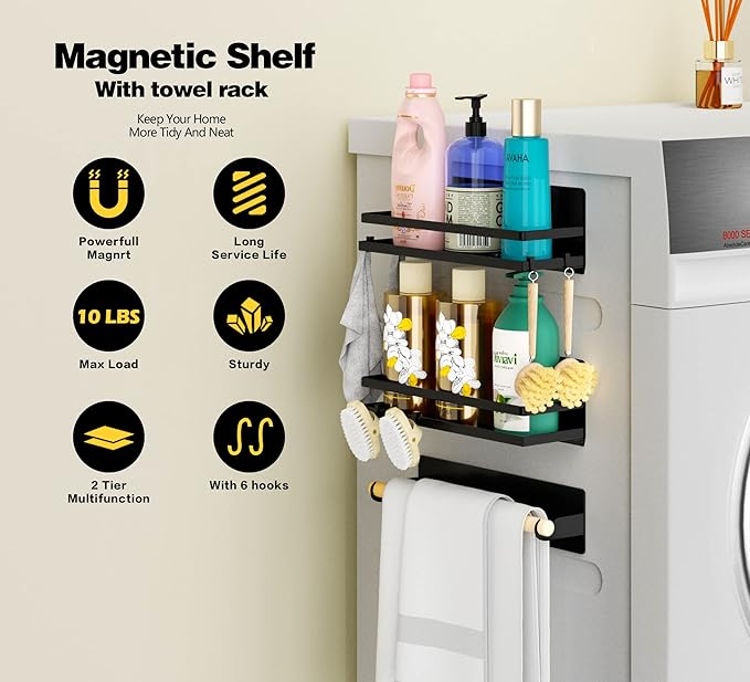 Magnetic Spice Rack for Refrigerator,Magnetic Shelf Fridge Organizer for Kitchen, Space Saver Container for Kitchen/Apartment, Drill Free, Black 2 Pack