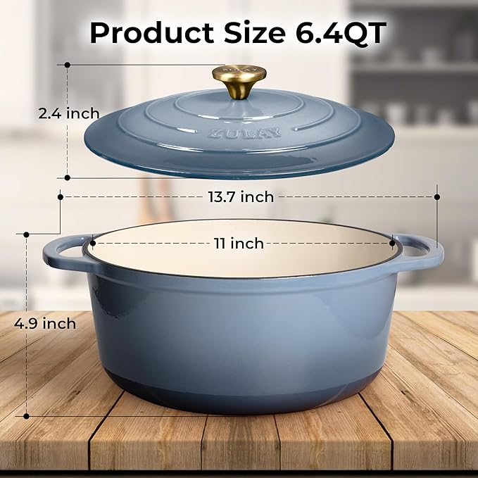 Zulay Kitchen 6 Quart Enameled Cast Iron Dutch Oven Pot with Lid – Premium Durability & Oven Safe up to 500°F – Heavy Duty Cookware Perfect for Bread Baking, Stews, Braising & Roasting - Aquamarine