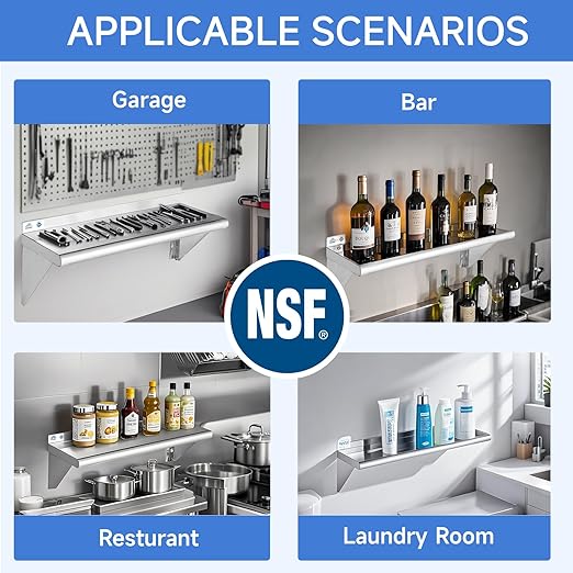 ROCKPOINT Stainless Steel Shelf 18 x 30 Inches 320lb, NSF Metal Commercial Shelves Wall Mount Floating Shelving with Backsplash for Restaurant, Kitchen, Home and Hotel, Silver