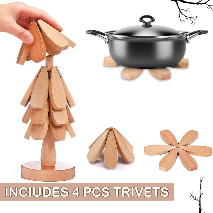 Wooden Christmas Tree Coaster Trivets Wood Trivets Set for Hot Dishes Set of 4 Christmas Tree Shape Foldable Wooden Coaster and 1 Stand Natural Trivet for Cups Plates Bowls Pots(Beech Color)