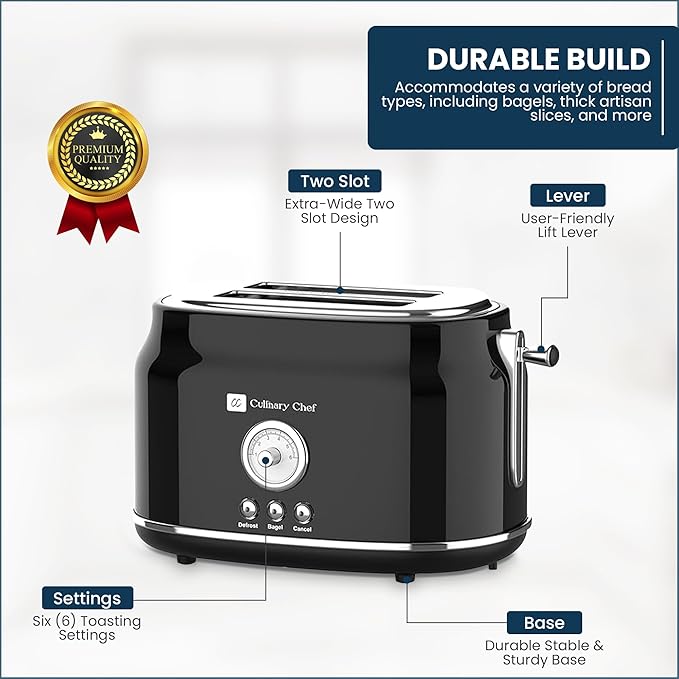 Frigidaire ETO102-WHITE, 2 Slice Toaster, Retro Style, Wide Slot for Bread, English Muffins, Croissants, and Bagels, 5 Adjustable Toast Settings, Cancel and Defrost, 900w, Black