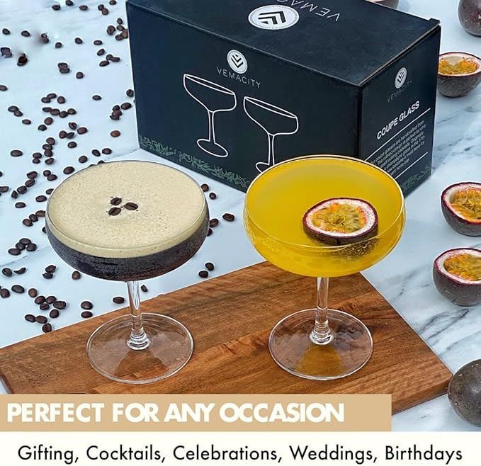VEMACITY - Elegant Handblown Coupe Cocktail Glasses Set of 2 (10oz) - Crystal Espresso Martini Glasses, Champagne Saucers - Vintage Glassware | Wedding Gift | Ideal for Christmas & New Years