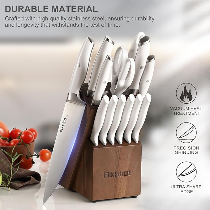 Knife set, Fikshot 14-Piece White knife set with Block, Elegant White Kitchen Knife Set for Ladies, Stainless Steel Knife Set with Sharpener, Dishwasher Safe (WHITE)