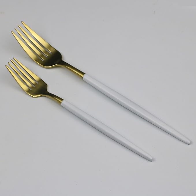 5-Piece 18/10 Stainless Steel Flatware Set, Serive for 1, With Fork Spoons Knife Teaspoon Dessert Fork for Home Kitchen Restaurant Hotel (White + Gold)