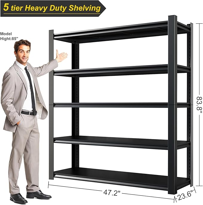 Heavy Duty Garage Shelving, 84'' H Metal Shelving, 3500LBS Storage Shelves 5 Tier Adjustable Heavy Duty Shelving Unit for Warehouse, Garage, Basement, 24" D x 47" W x 84" H
