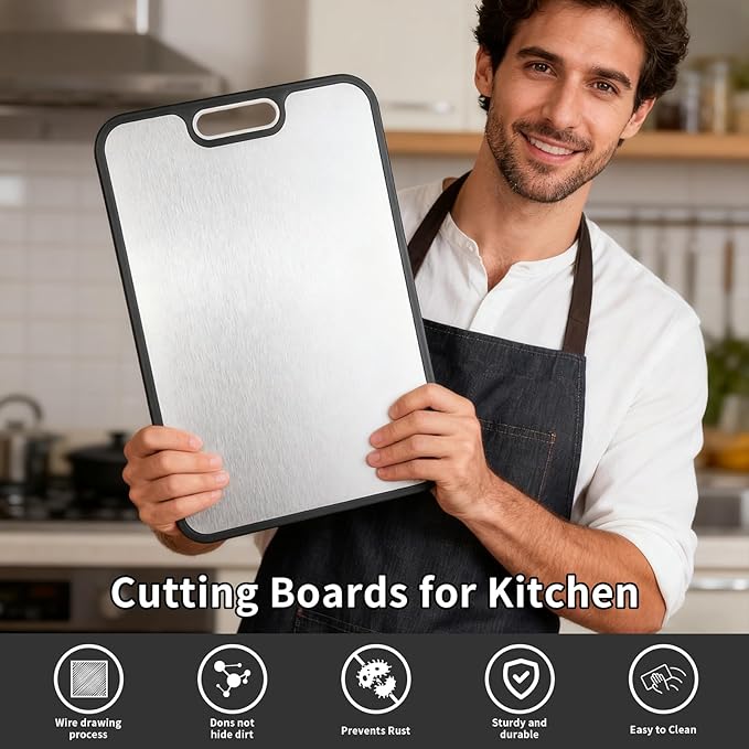 Cutting Boards for Kitchen, 2 in 1 Titanium Cutting Board, Food-Grade Double Sided Pure Titanium & Wheat Straw PP Chopping Board for Meat/Vegetables