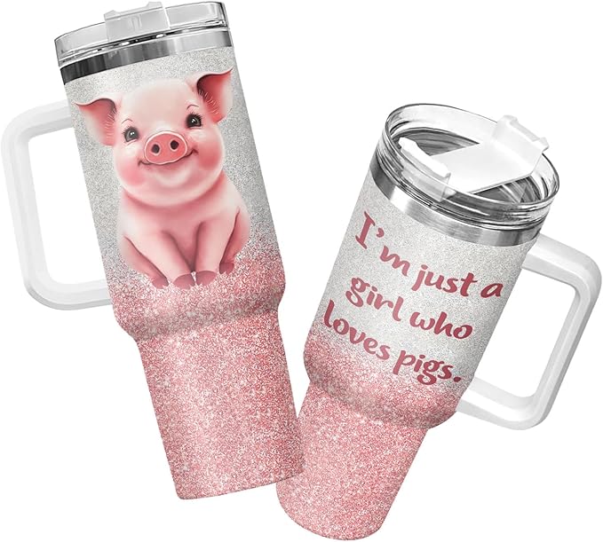 34HD Just A Girl Who Loves Pigs Tumbler with Handle and Straw, 40oz Vacuum Insulated Pig Cup, Pigs Gifts for Women Birthday Mothers Day Christmas, Farm Animal Gifts, Pink Pig Gift Ideas