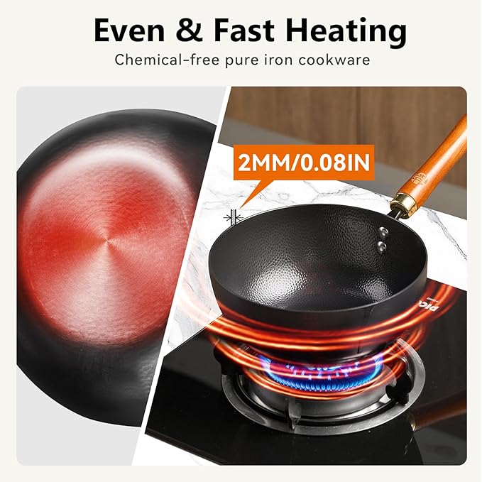 WANGYUANJI 8.7" Flat Bottom Iron Wok – Small Stir Fry Pan with Wooden Lid, No Coating, Induction Compatible, Ideal for Everyday Cooking