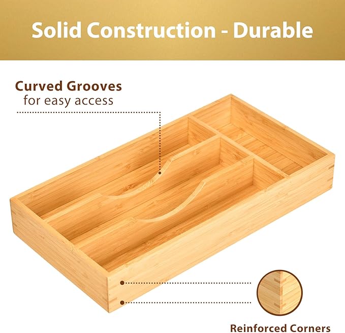 Umilife Bamboo Kitchen Drawer Organizer, 7 Inch Silverware Utensils Tray Holder for Small Drawer, Wood Caddy for Flatware Cutlery Knives