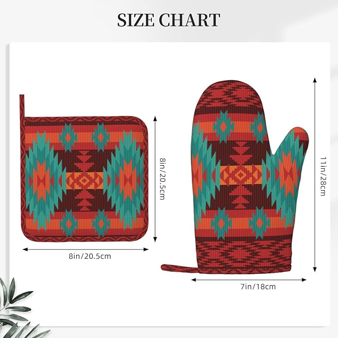 Geometric Ethnic Tribal Oven Mitts and Pot Holders Set of 4 Silicone Native American Kitchen Mitten Gloves and Aztec Western Potholders Set Heat Resistant Oven Gloves Hot Holders for Kitchen