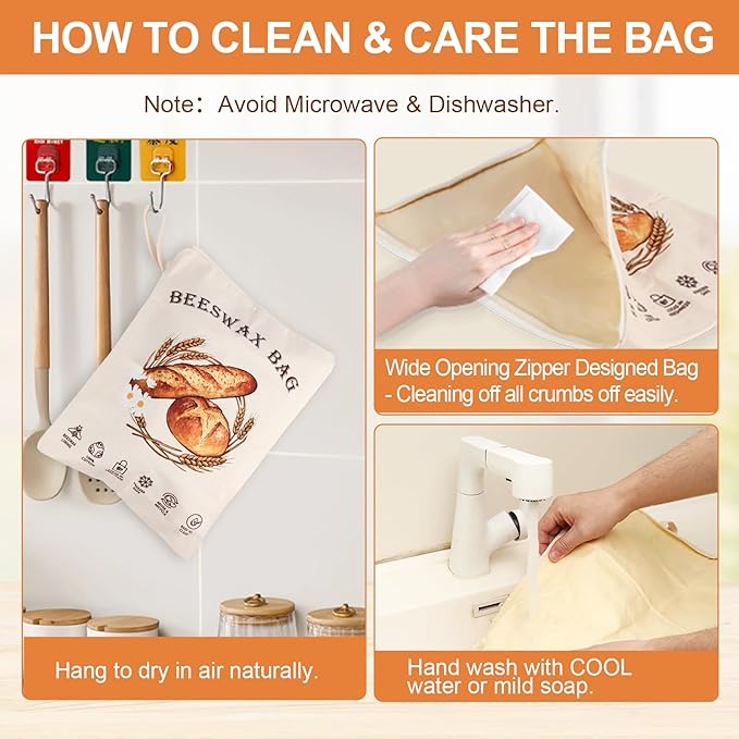 2 Pack Beeswax Bread Bags for Sourdough with L - Shaped Zipper Designed, Large Reusable Sourdough & Homemade Bread Bags - Easier to Use and Clean | Keep Food Freshness Longer