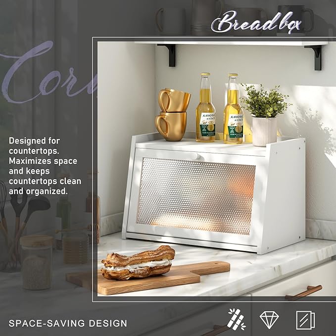 Large Farmhouse Bread Box with Window -White Natural Wood Bread Storage Container for Kitchen Countertop