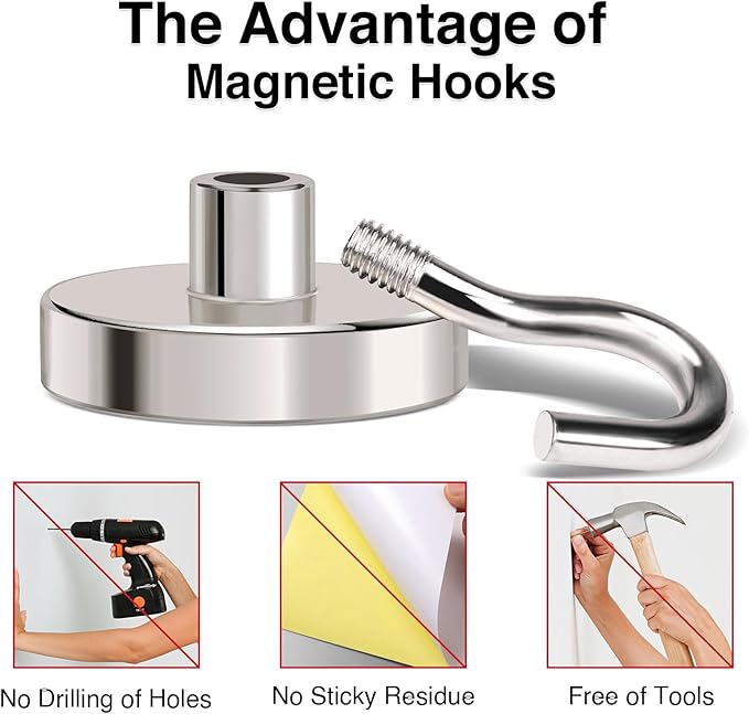 MIKEDE Magnetic Hooks Heavy Duty,120LB+ Strong Magnet with Hook, Super Neodymium Cruise Hooks, Locker Organizer Industrial Hooks for Hanging, Magnetic Hanger for Cruise, Grill - 8 Pack