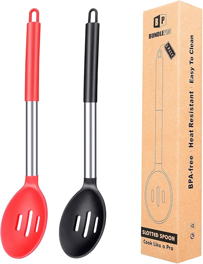 Pack of 2 Large Silicone Slotted Spoon Kitchen Skimmer with High Heat Resistant BPA Free Non Stick Cooking Ladle Strainers For Draining and Frying (Black- Red)
