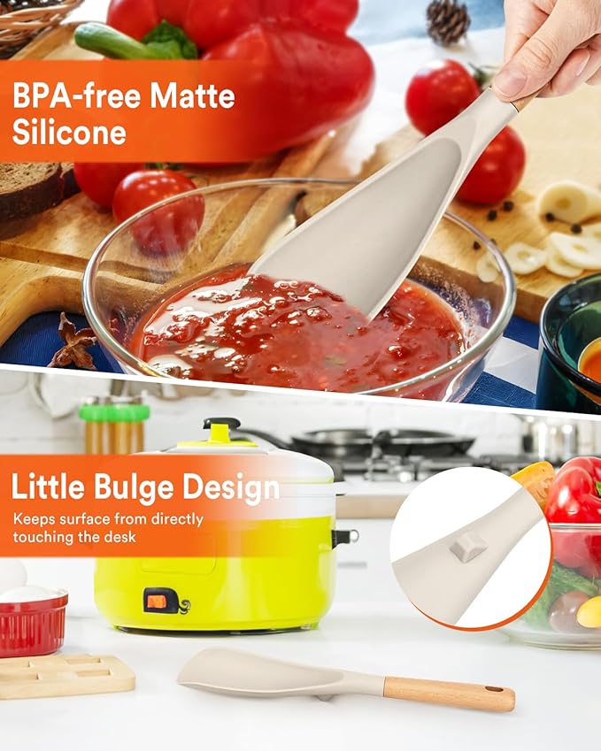 Cooking Spoon for Nonstick Cookwares, Great for Cooking and Serving Sturdy BPA-Free Matte Silicone, Wood Handle Spoon for Mixing, Scoop, and Scrape (Khaki)