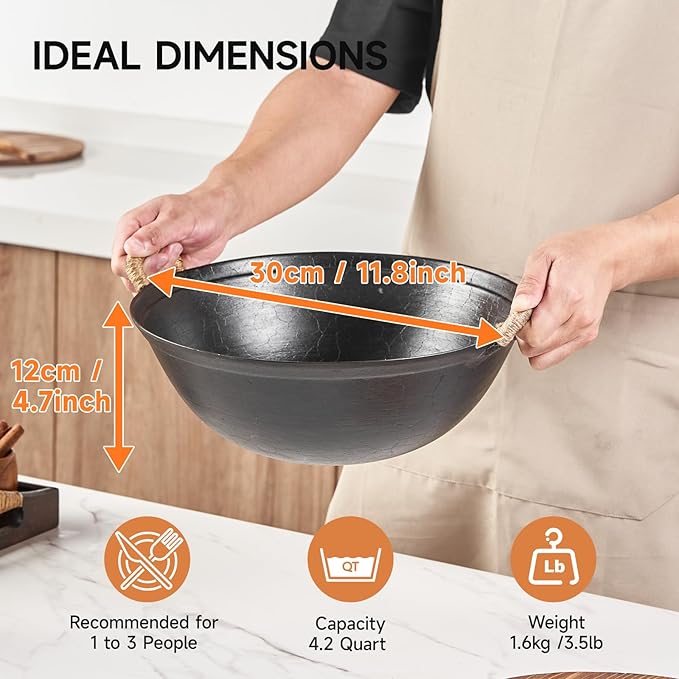 WANGYUANJI 11.8 Inch Handmade Cast Iron Wok with Dual Handles, Small Round-Bottom Chinese Wok for 1–2 Servings, Uncoated Stir Fry Pan for Gas Stoves & Open Flame Cooking