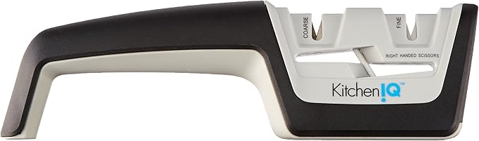 KitchenIQ 50217 Diamond Pull-Thru Knife & Scissor Sharpener – Black/White – Pull-Thru Knife Sharpener – Left & Right-Handed Scissor Sharpener – Coarse & Fine– Straight & Serrated Blades