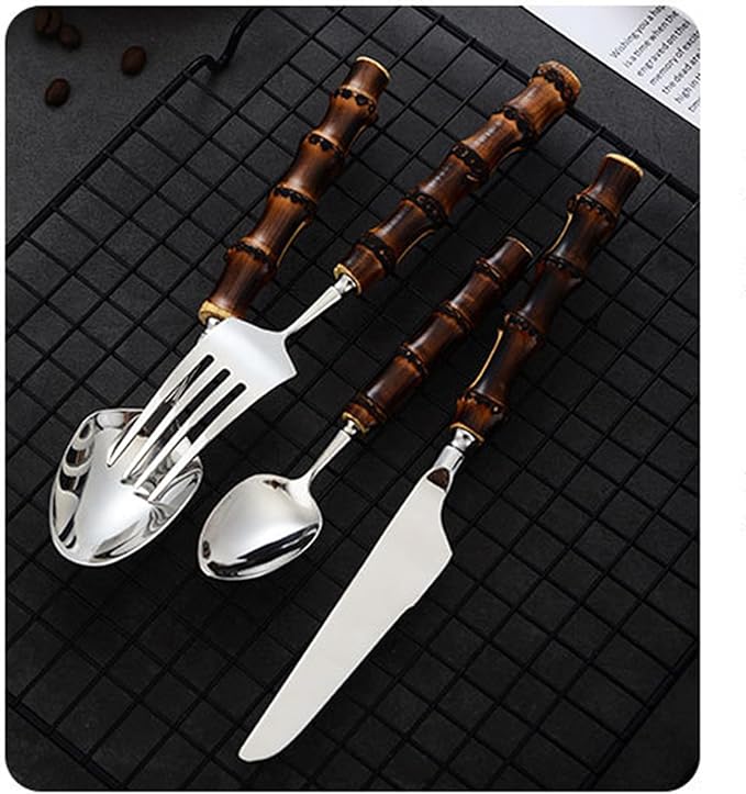 Wood Bamboo Silverware Set for 6 Cutlery Flatware Set Elegant Tableware Stainless Steel Cutlery Utensil Sets for Home Kitchen Restaurant Wooden Handle Dishwasher Safe 24 Pieces