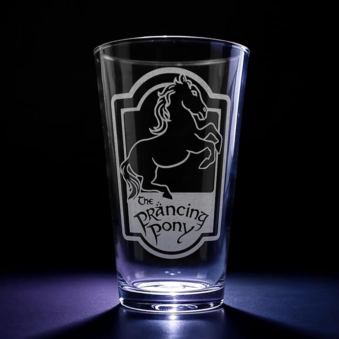 THE PRANCING PONY Engraved 16oz Pint Glass | Inspired by Tolkien Power Ring and Middle Earth | Great Christmas Gift Idea | Unique Elvish Fantasy Wizard Fantasy Decor!