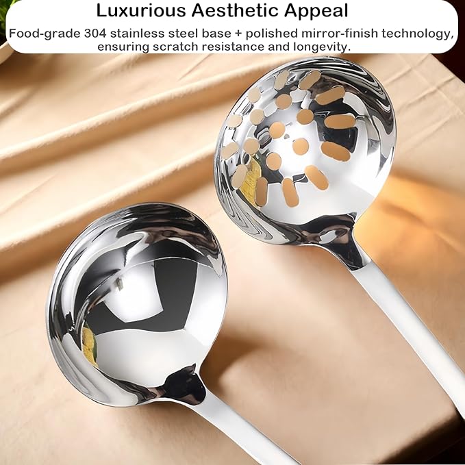 Soup Ladle Slotted Spoon Set, 304 Stainless Steel 12.2Inch Metal Ladle, Extra Large Soup Spoon with Long Handle for Serving, Cooking, Stirring, Serving Soups, Silver