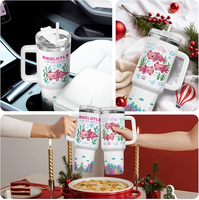 34HD Pixel Axolotl 40oz Tumbler with Handle and Straw – Cute Sea Animal Stainless Steel Water Cup – Insulated Coffee Travel Mug for Kids, Gamers, Women, Axolotl Lovers, Birthday Gift Christmas Gift