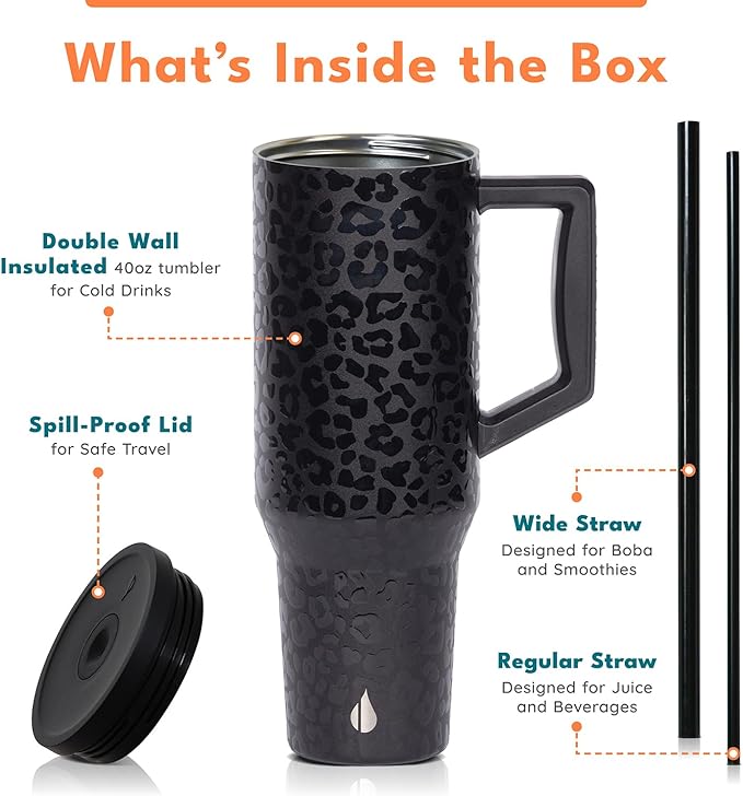 Elemental 40 oz Tumbler with Handle and Straw - Spill Proof Insulated Stainless Steel Commuter for Hot and Cold Beverages - Travel Coffee Mug with 2 Straws & Spill Proof Lid - 40oz - Black Leopard