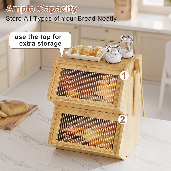 WOWLIVE Double Layer Bread Box for Kitchen Countertop, Large Bamboo Bread Storage Container for Homemade Bread, Farmhouse Bread Holder for Kitchen Counter Cabinet, Pantry, Cupboard (Natural, Medium)