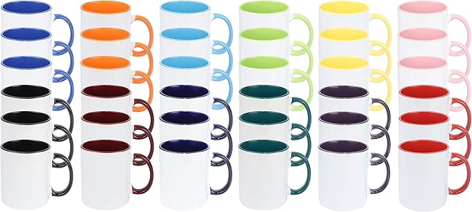 11oz White Ceramic Sublimation Coffee Mug With Solid Colors Inside and Handle, Mixed 12 Colors, Case of 36