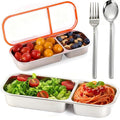 2 Pack Stainless Steel Snack Containers with Fork & Spoon, 2 Compartment Metal Bento Lunch Box with Leakproof Lids, Reusable Snack Bento Prep Containers for Home, Office, Travel