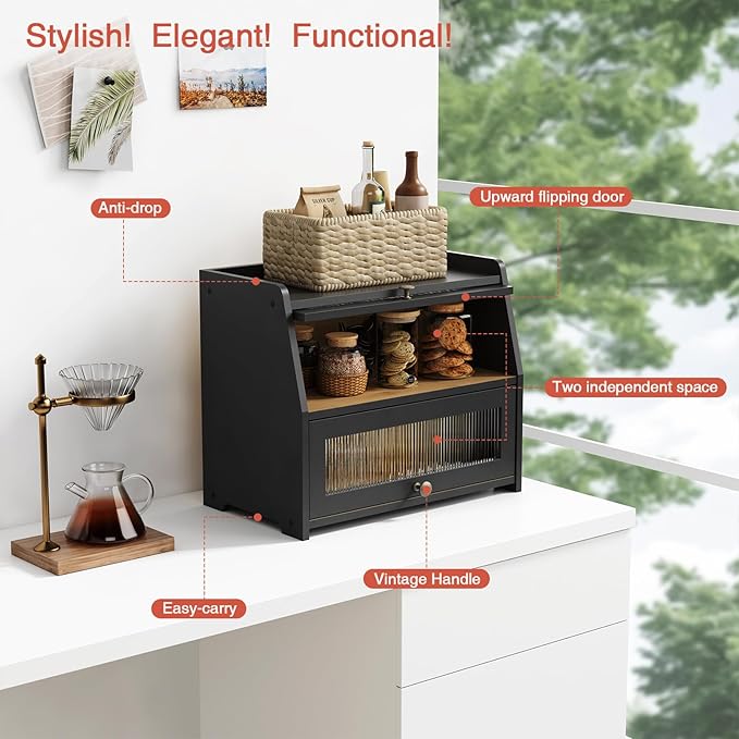 Large Bread Box for Kitchen Countertop, Black Bread Storage Container for Homemade Bread, Double Layer Farmhouse Breadbox Organizer for Kitchen Counter Cabinet, Pantry, Cupboard (Black)