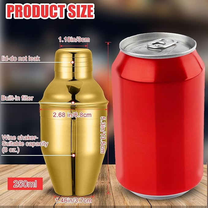 Nitial 6 Pcs Bar Cocktail Shaker Professional Stainless Steel Martini Drink Mixer Built-in Strainer for Bartending No Leaks Shaker for Bar Party Drink Mixer (Gold,8 oz)