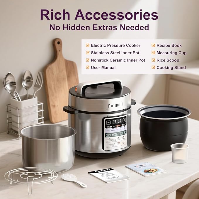 Fullwill Dual-Pot Electric Pressure Cooker 6+5QT(2025 Upgraded), 12-in-1 Multi-Cooker for Pressure Cooking, Soup, Yogurt, Stew, Rice