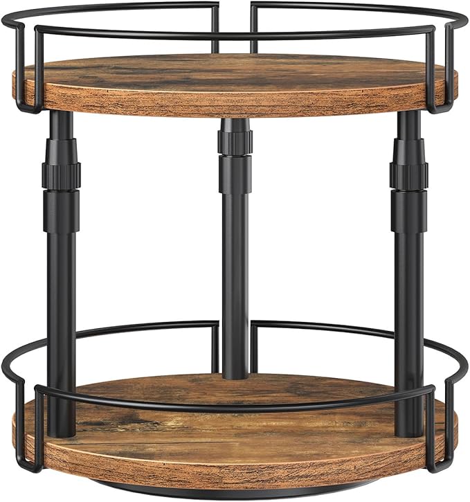 HOOBRO Lazy Susan Organizer Spice Rack, 2-Tier Height Adjustable Rotating Spice Organizer, for Kitchen Countertop and Cabinet, Rustic Brown BF05TL01
