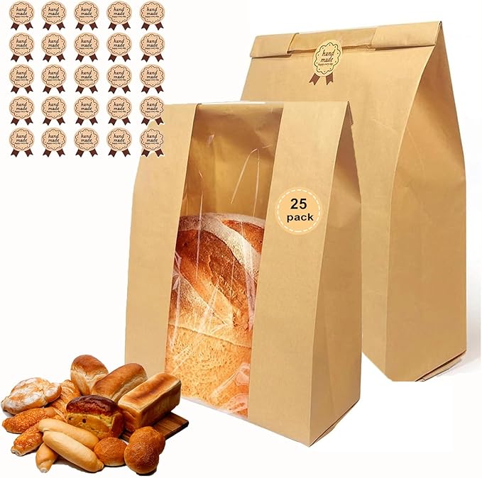 25 Pack thicker Large Sourdough Bread bags for Homemade Breads(13.7x8.26x3.54in).with Window bags & 50pcs label Stickers,for Packaging and Storage of Baked Goods