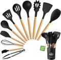 Silicone Cooking Utensils Set with Holder, 12 Pcs Heat Resistant Kitchen Utensils Set with Wooden Handle, BPA-free Spatula, Tongs, Spoons Set for Nonstick Cookware, Black