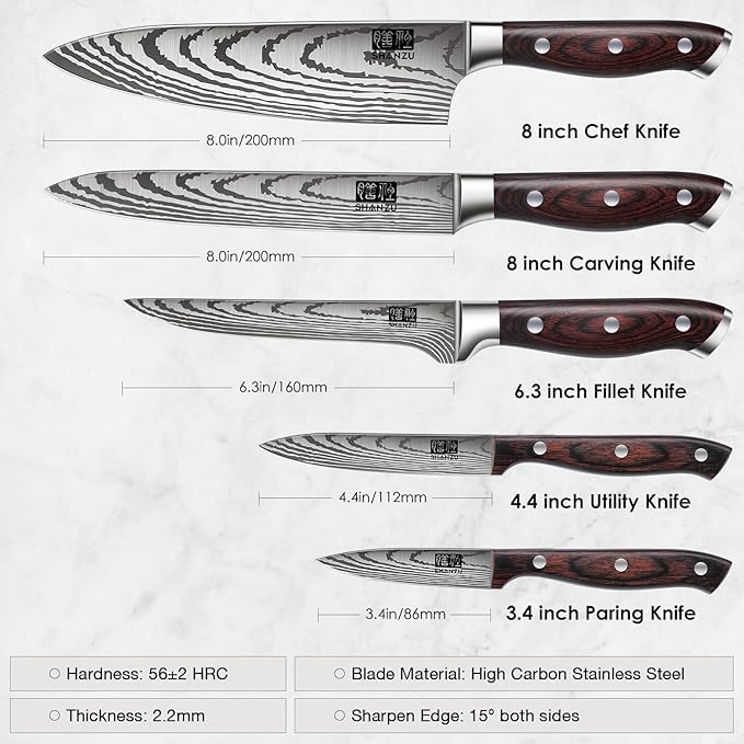 SHAN ZU Japanese Chef Knife Set 5 PCS, High Carbon Stainless Steel Ultra Sharp Kitchen Knives for cooking, Professional Chef Knife Set with Ergonomic Pakkawood Handle