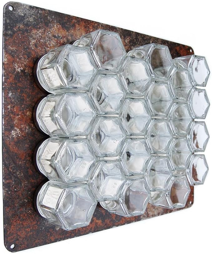 Gneiss Spice DIY Wall Hanging Magnetic Spice Rack (24 Small Jars, Silver Lids, 10x12 Rustic Plate)