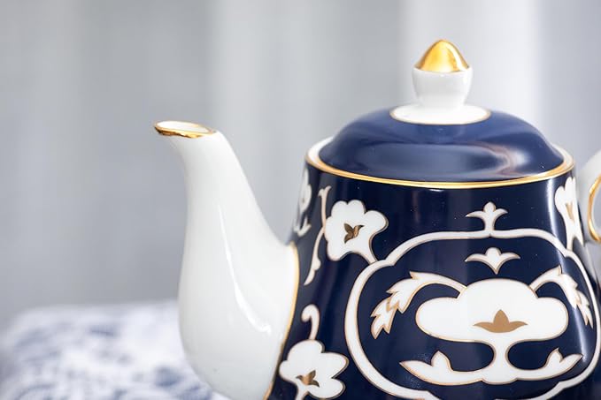 Blue and White Tea Pot - 28 oz. Bone China Teapot with White Vintage Design - Elegant Tea Serving Pot for Kitchen and Gift for Women, Men, Adults and Tea Lovers (Teapot)