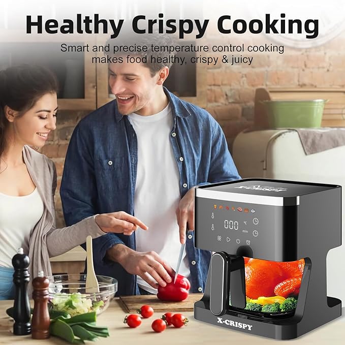 APSARAS USA Glass Air Fryer Non Toxic,5.2QT Convection Oven Air Fryer Glass, Healthy Kitchen Bake,Grill,Steam Broil, & Roast -Includes Bowl,Broil Rack,Toasting Rack & More 97% Less Oil (Black)