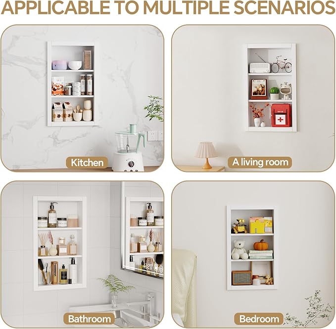 14'' * 24'' Recessed Medicine Cabinet Wall Niche Wood, 3-Tier Bathroom Niche Insert for Drywall, in Wall Shelf Medicine Cabinets Replacement, for Living Room, Bathroom Storage, White
