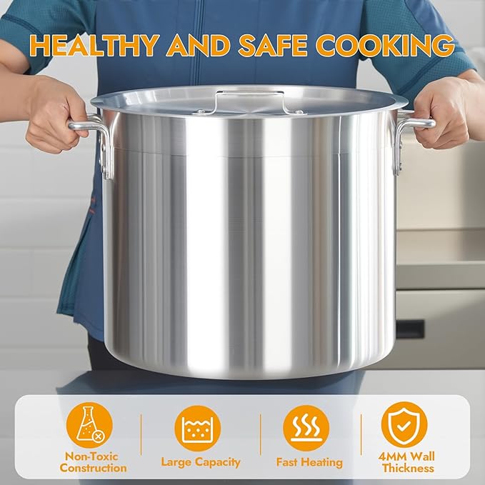 CURTA 32 Quart Aluminum Stock Pot with Lid, Heavy Duty Commercial Grade Large Capacity Cooking Pot for Boiling, Stewing, Great for Kitchen, Restaurant, Catering, and Home Use,NSF certified