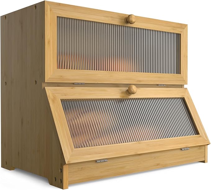 Bread Box for Kitchen Countertop: 2-Tier Bamboo Large Bread Storage Container,Wood Color